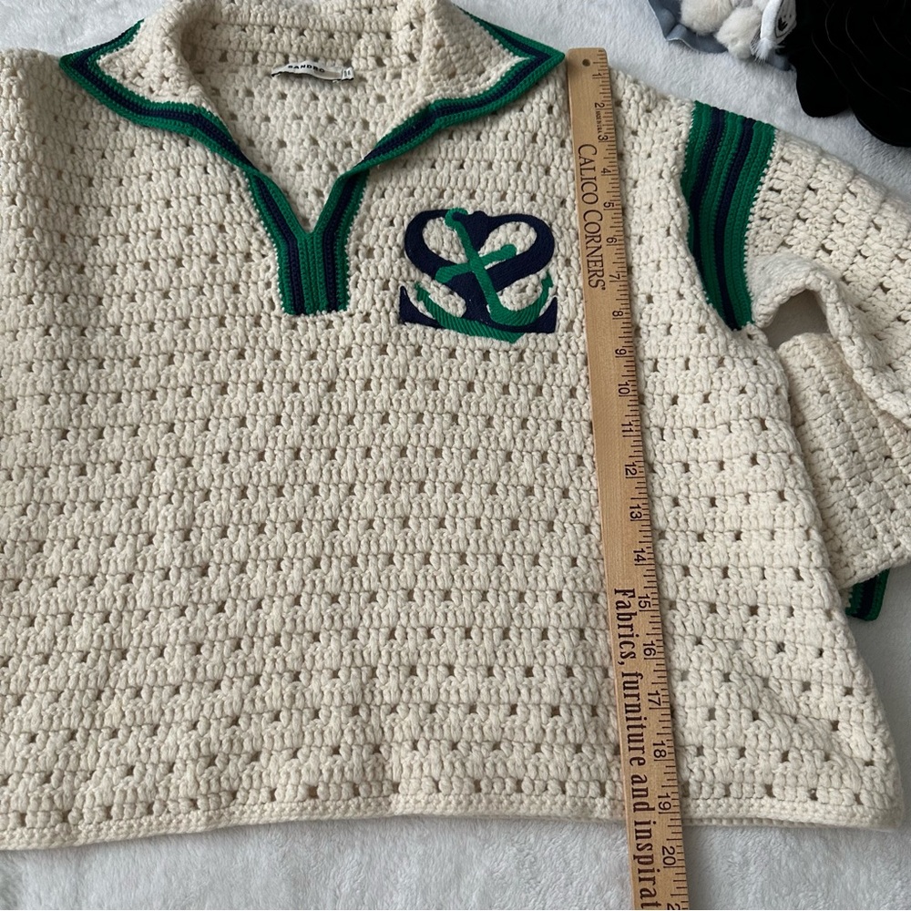 Sandro Paris Nicolas embroidered crocheted wool polo sweater - Picture 9 of 15
